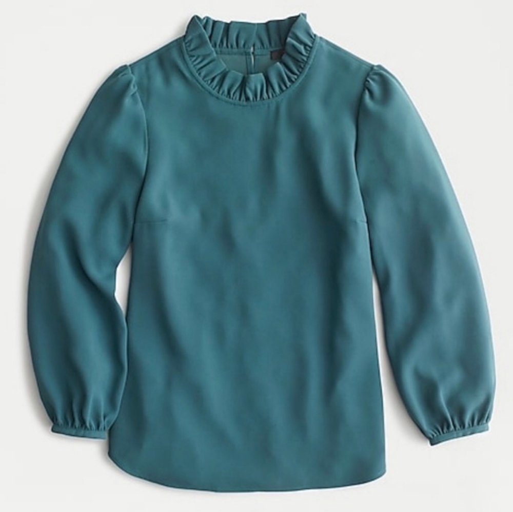 NWT J. Crew Womens Green Long Sleeve Ruffle Neck Blouse Top in 365 Crepe, Size L